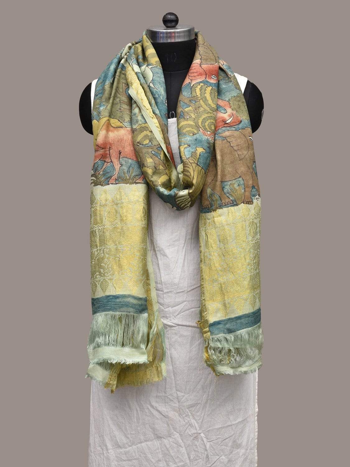 Blue Kalamkari Hand Painted Kanchipuram Silk Handloom Dupatta with Animals Design ds2256