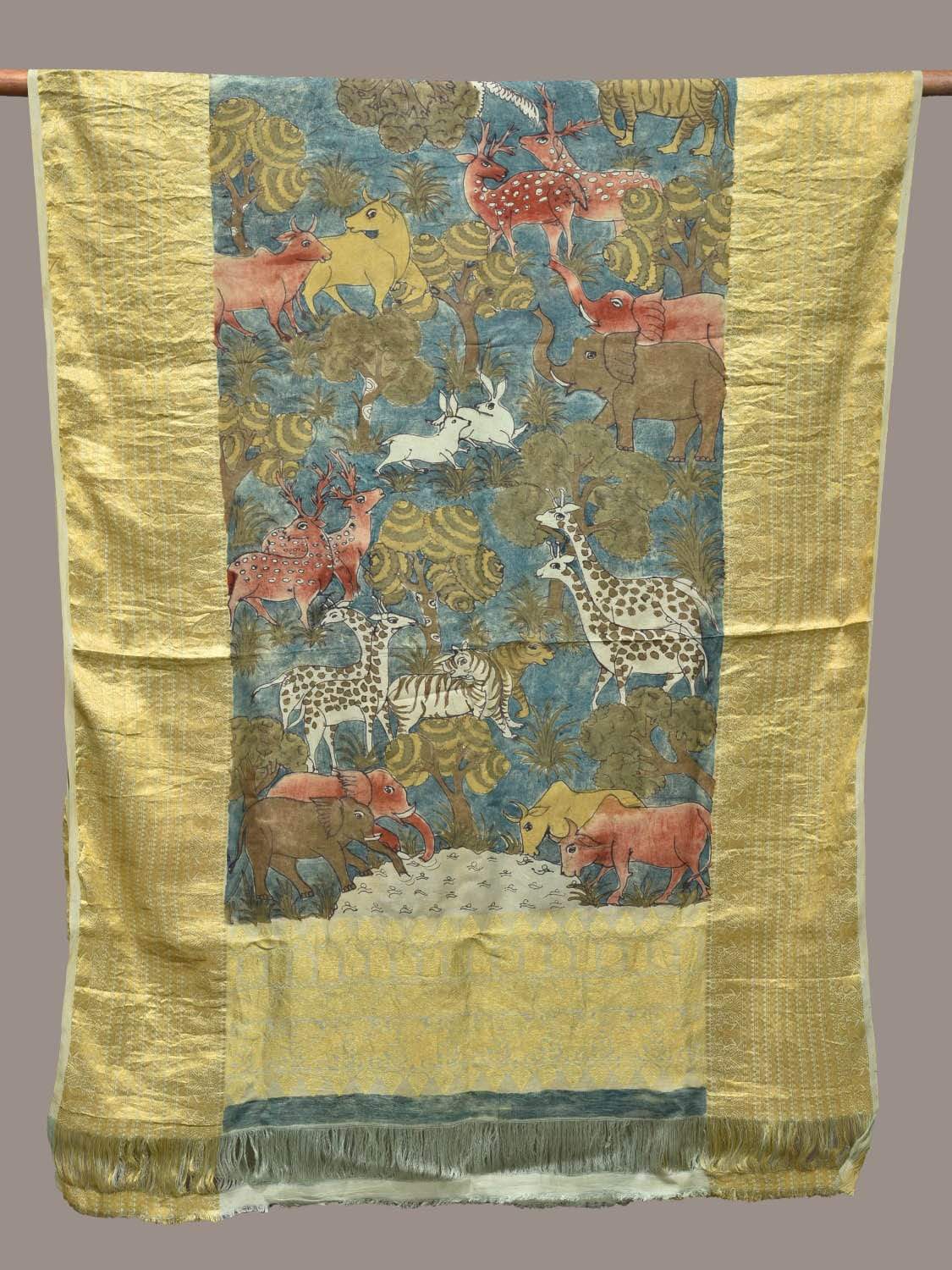 Blue Kalamkari Hand Painted Kanchipuram Silk Handloom Dupatta with Animals Design ds2256