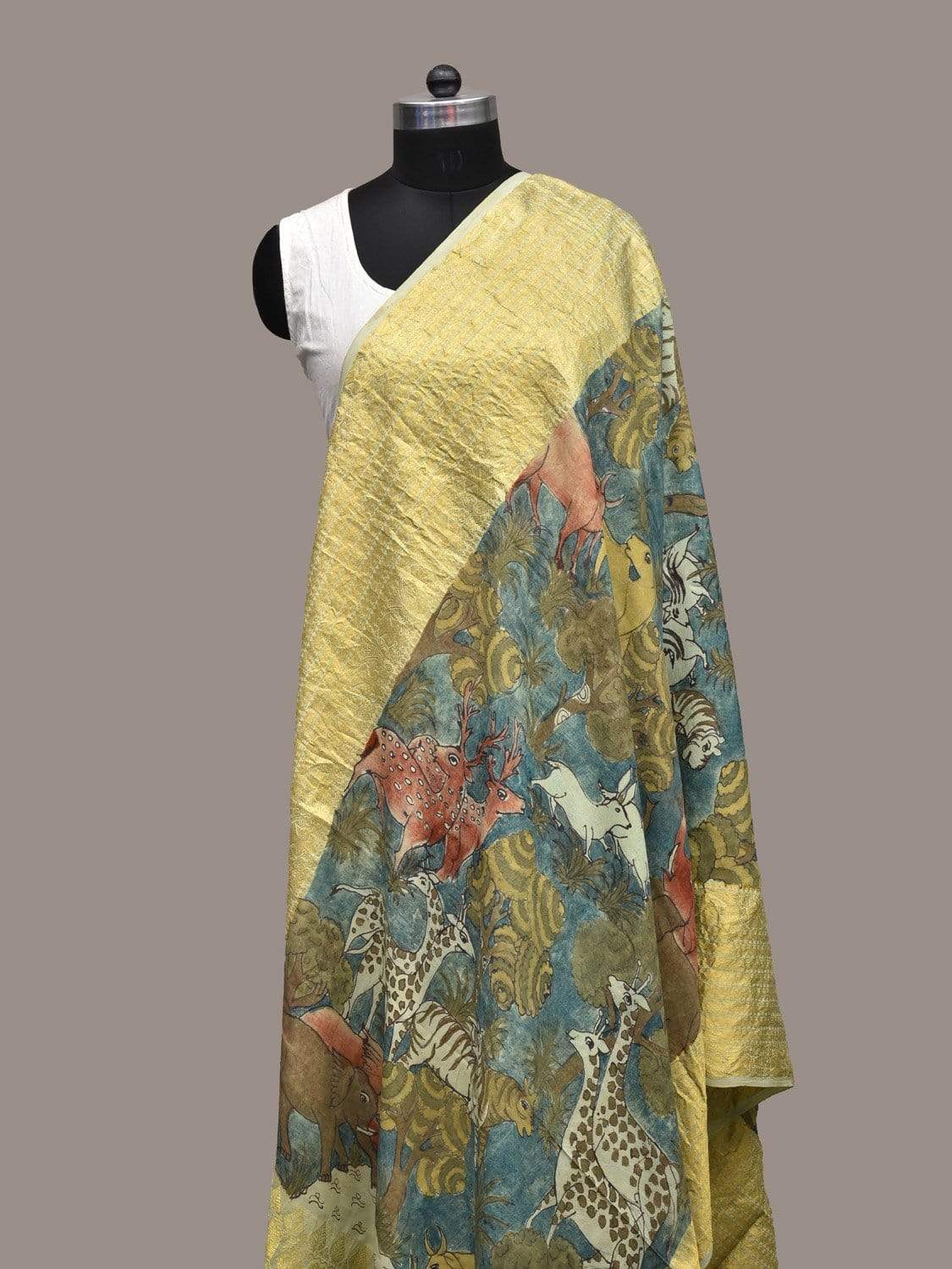 Blue Kalamkari Hand Painted Kanchipuram Silk Handloom Dupatta with Animals Design ds2256