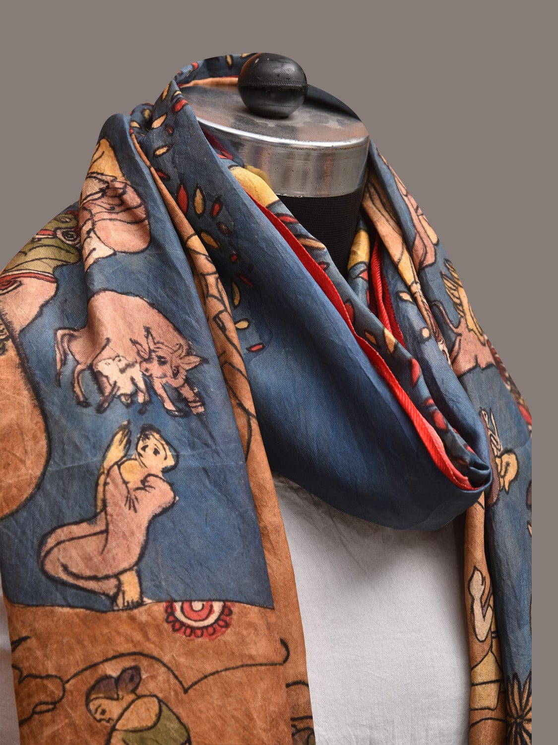 Blue Kalamkari Hand Painted Kanchipuram Silk Handloom Dupatta with Budha Design ds3574