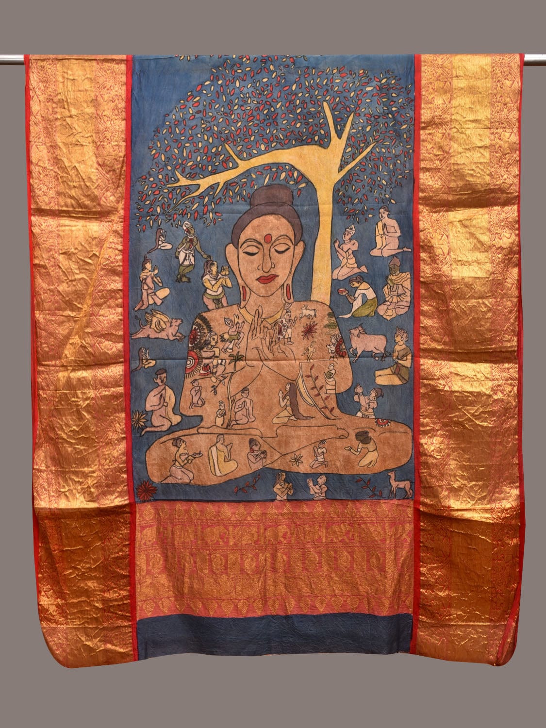 Blue Kalamkari Hand Painted Kanchipuram Silk Handloom Dupatta with Budha Design ds3574