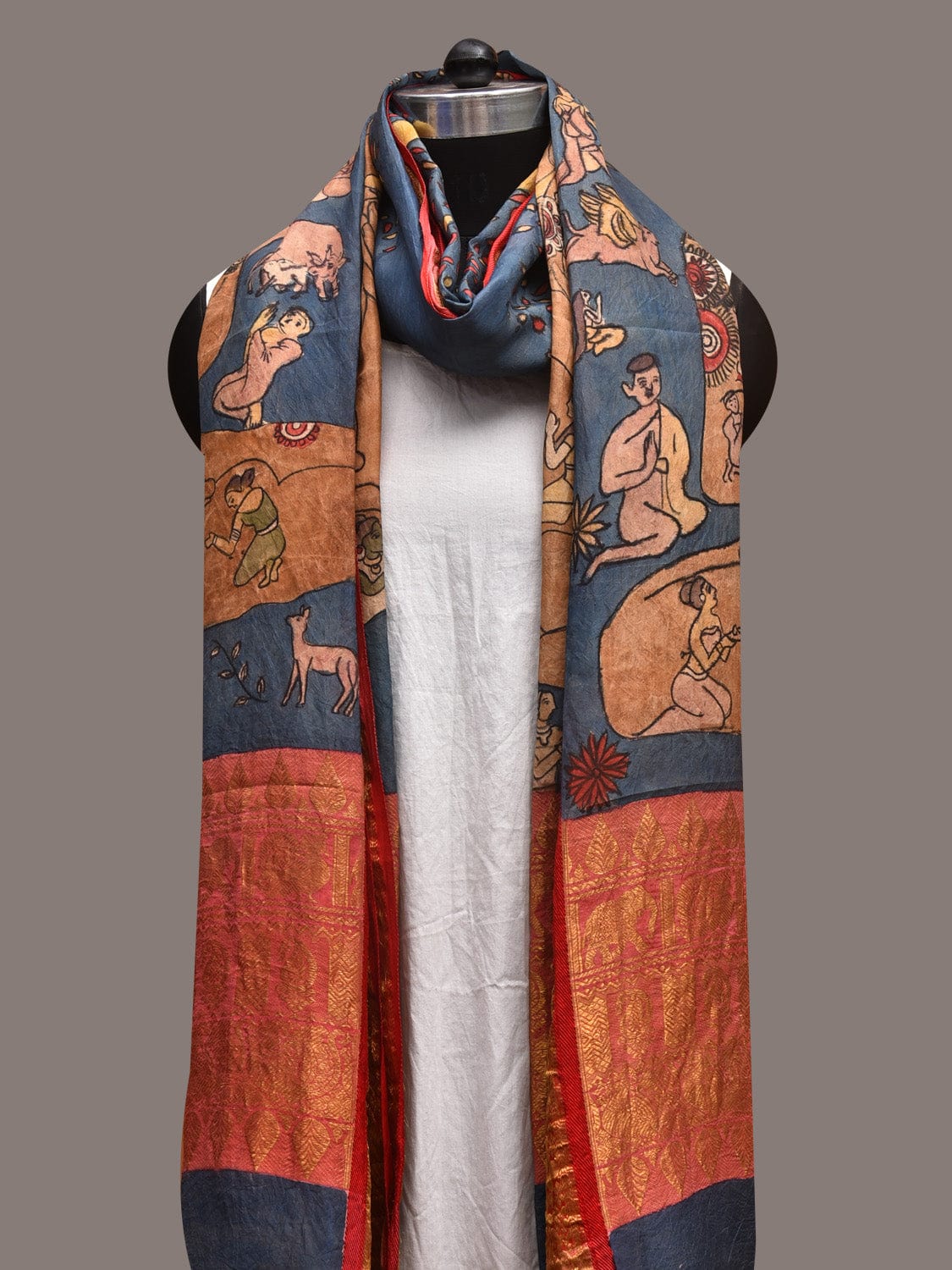 Blue Kalamkari Hand Painted Kanchipuram Silk Handloom Dupatta with Budha Design ds3574