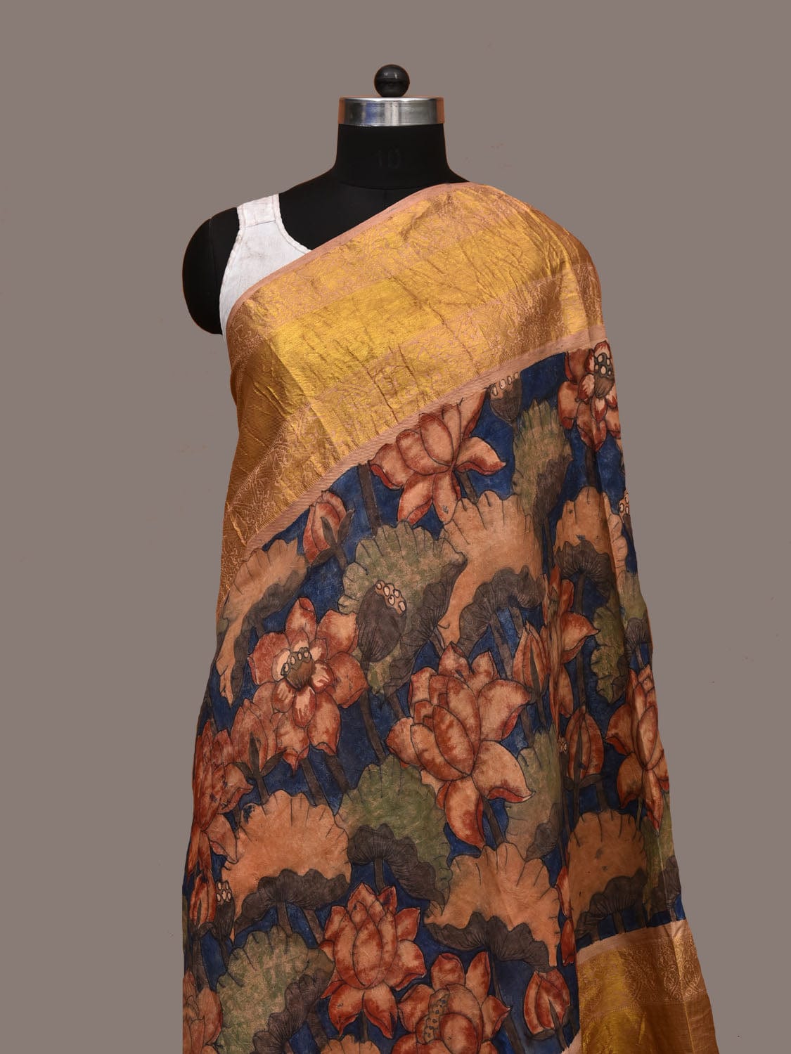 Blue Kalamkari Hand Painted Kanchipuram Silk Handloom Dupatta with Lotus Flowers Design ds3185