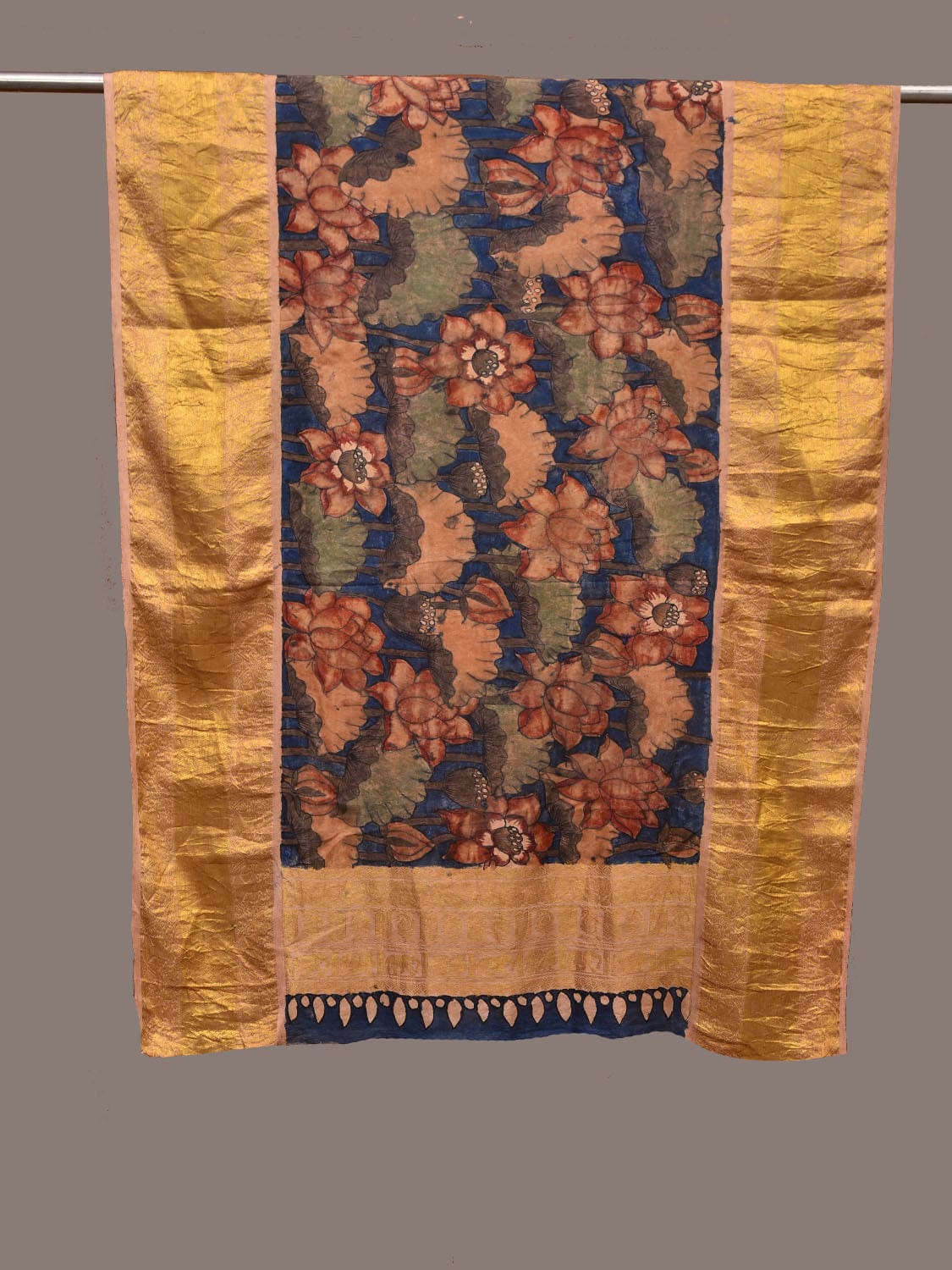 Blue Kalamkari Hand Painted Kanchipuram Silk Handloom Dupatta with Lotus Flowers Design ds3185