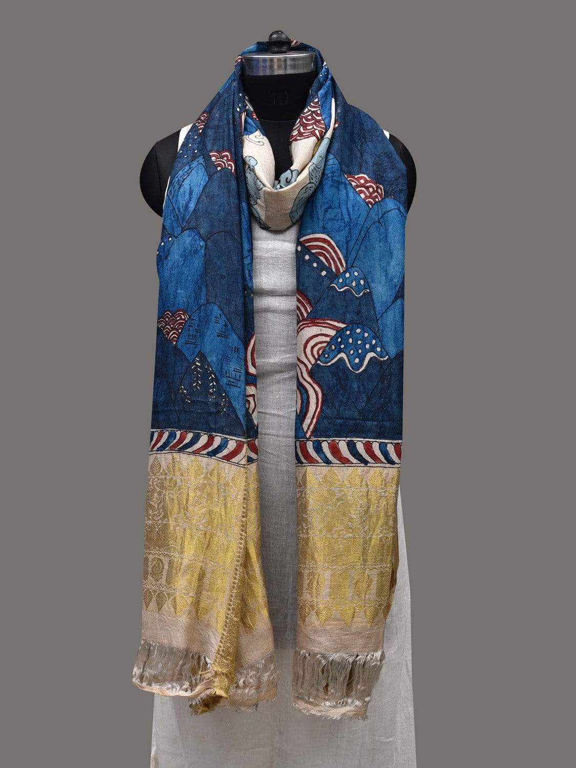 Blue Kalamkari Hand Painted Kanchipuram Silk Handloom Dupatta with Mountains Design ds2400