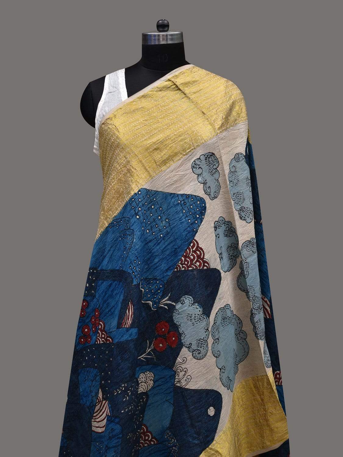 Blue Kalamkari Hand Painted Kanchipuram Silk Handloom Dupatta with Mountains Design ds2400