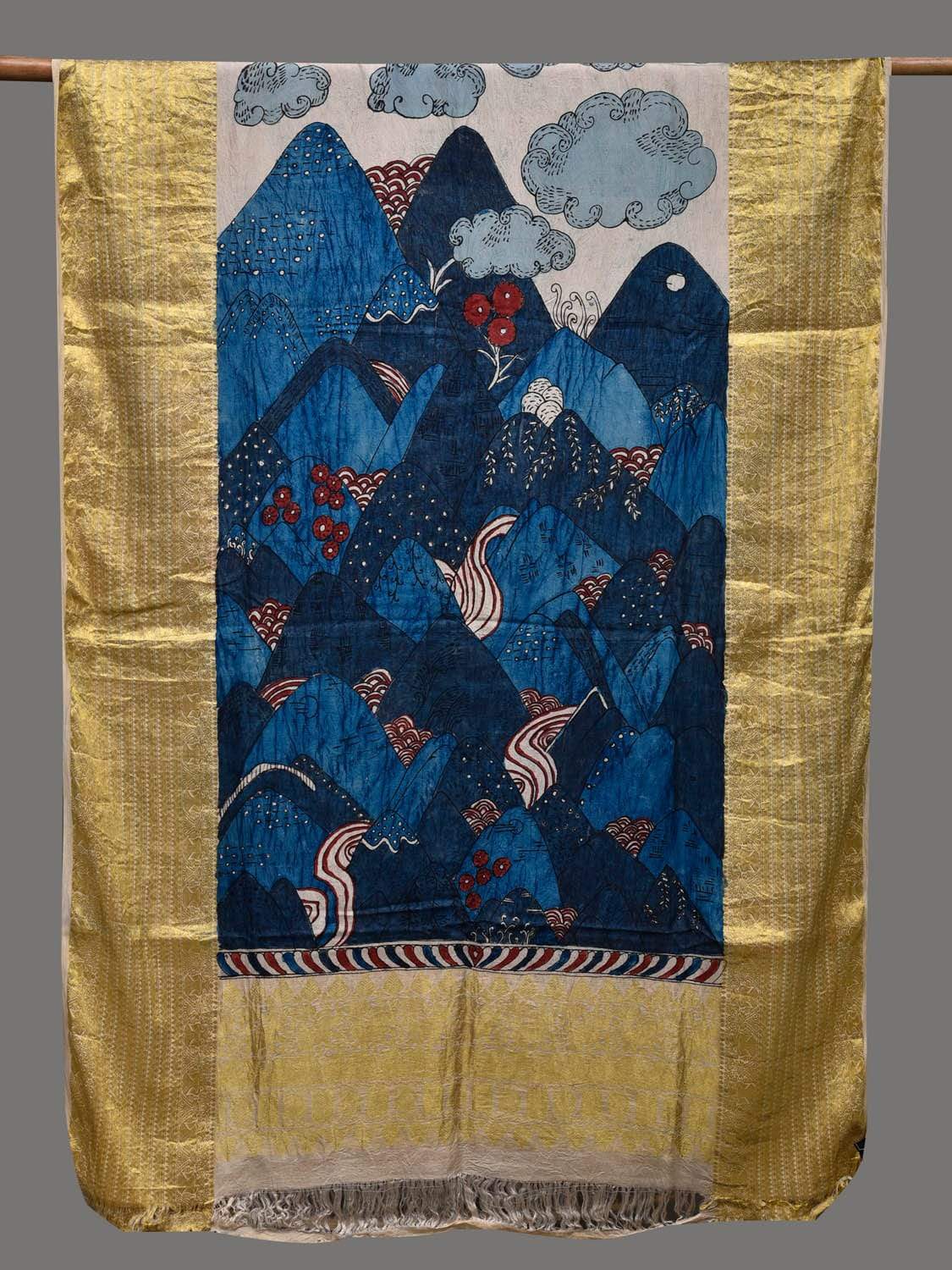 Blue Kalamkari Hand Painted Kanchipuram Silk Handloom Dupatta with Mountains Design ds2400