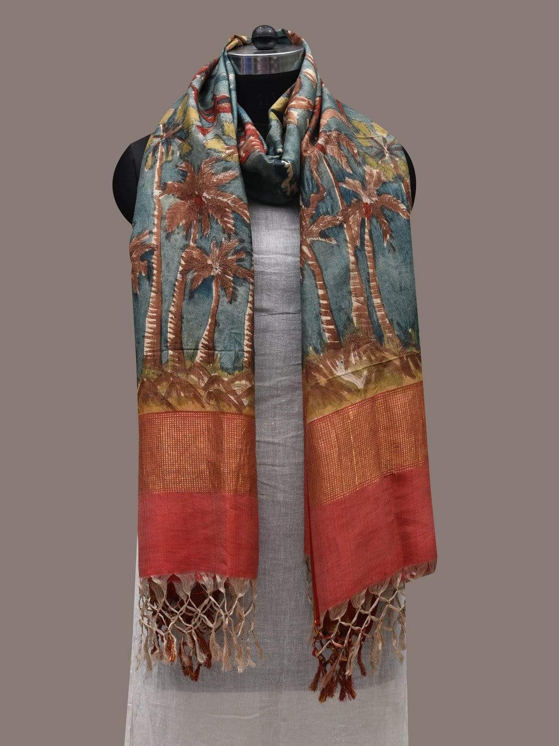 Blue Kalamkari Hand Painted Kanchipuram Silk Handloom Dupatta with Trees Design ds2486