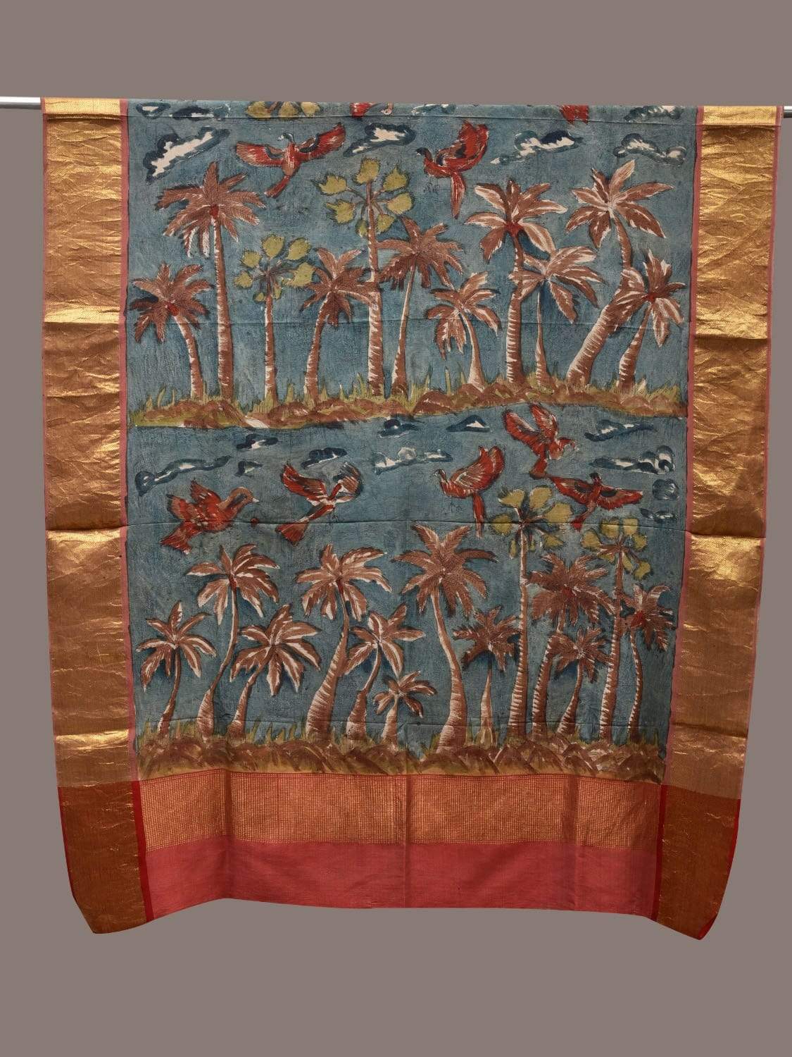 Blue Kalamkari Hand Painted Kanchipuram Silk Handloom Dupatta with Trees Design ds2486