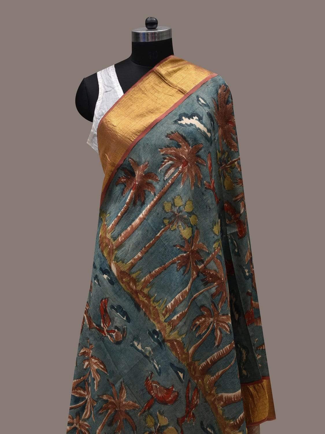 Blue Kalamkari Hand Painted Kanchipuram Silk Handloom Dupatta with Trees Design ds2486