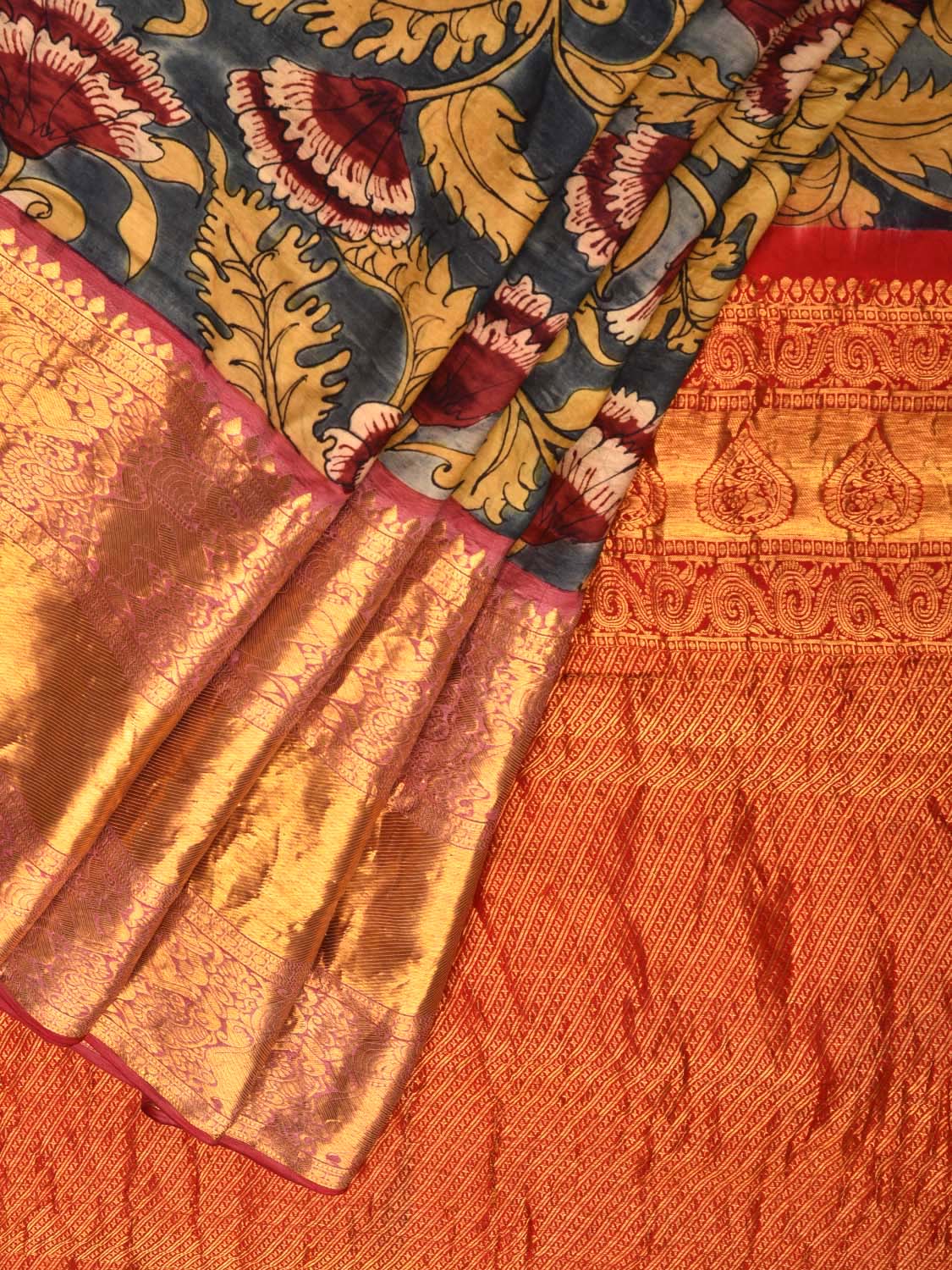 Blue Kalamkari Hand Painted Kanchipuram Silk Handloom Saree with Floral Design KL0439