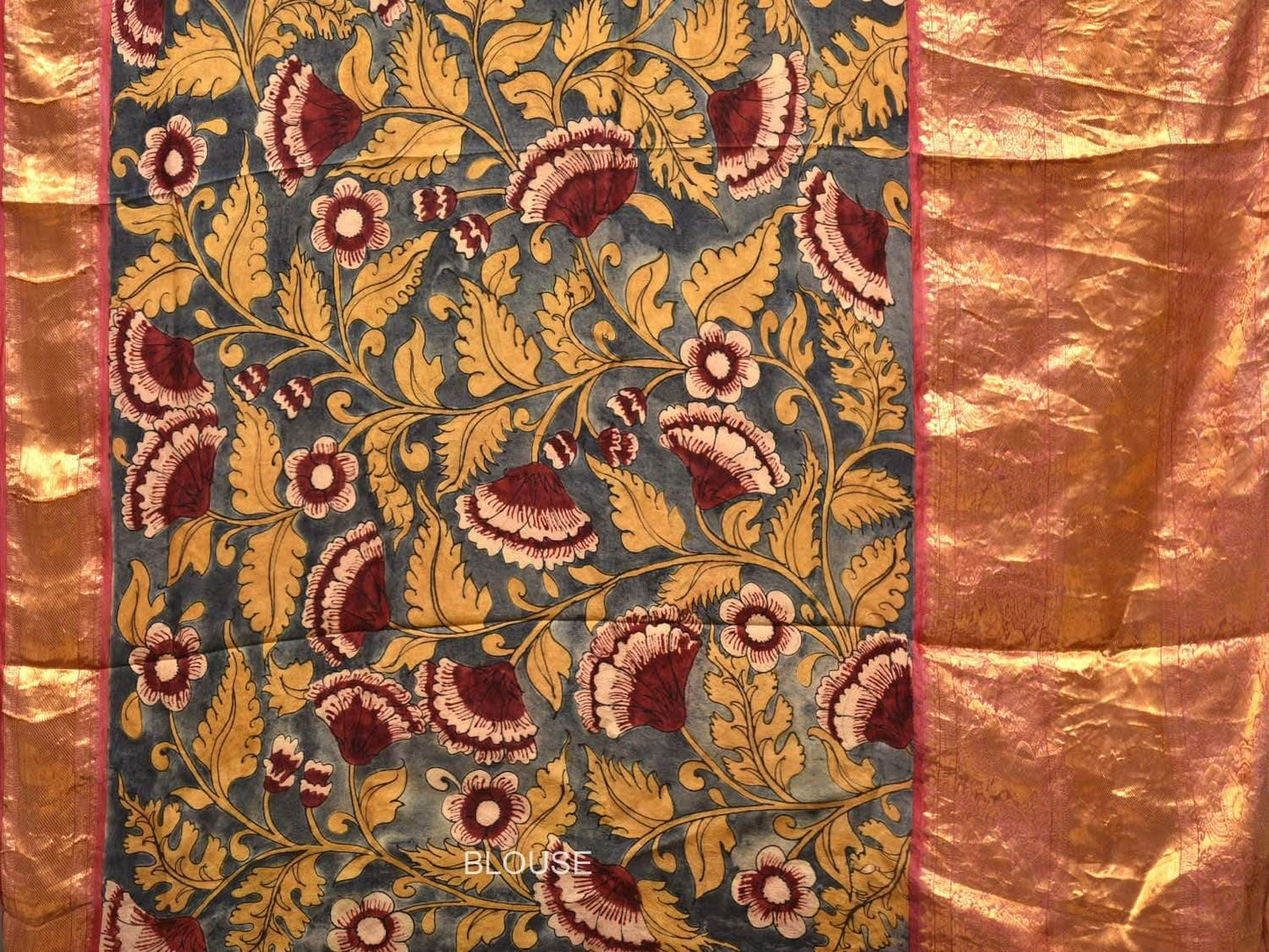 Blue Kalamkari Hand Painted Kanchipuram Silk Handloom Saree with Floral Design KL0439