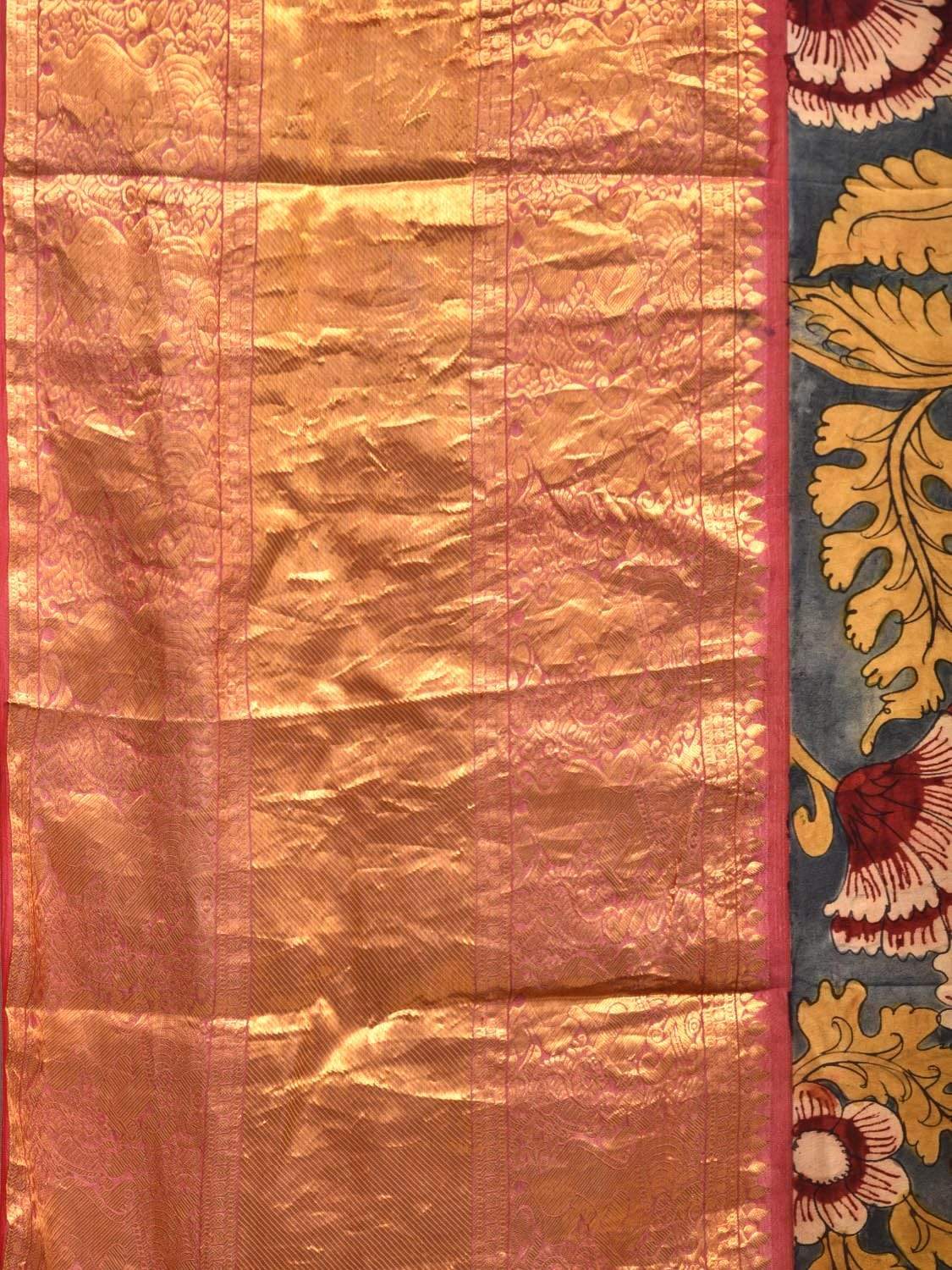 Blue Kalamkari Hand Painted Kanchipuram Silk Handloom Saree with Floral Design KL0439