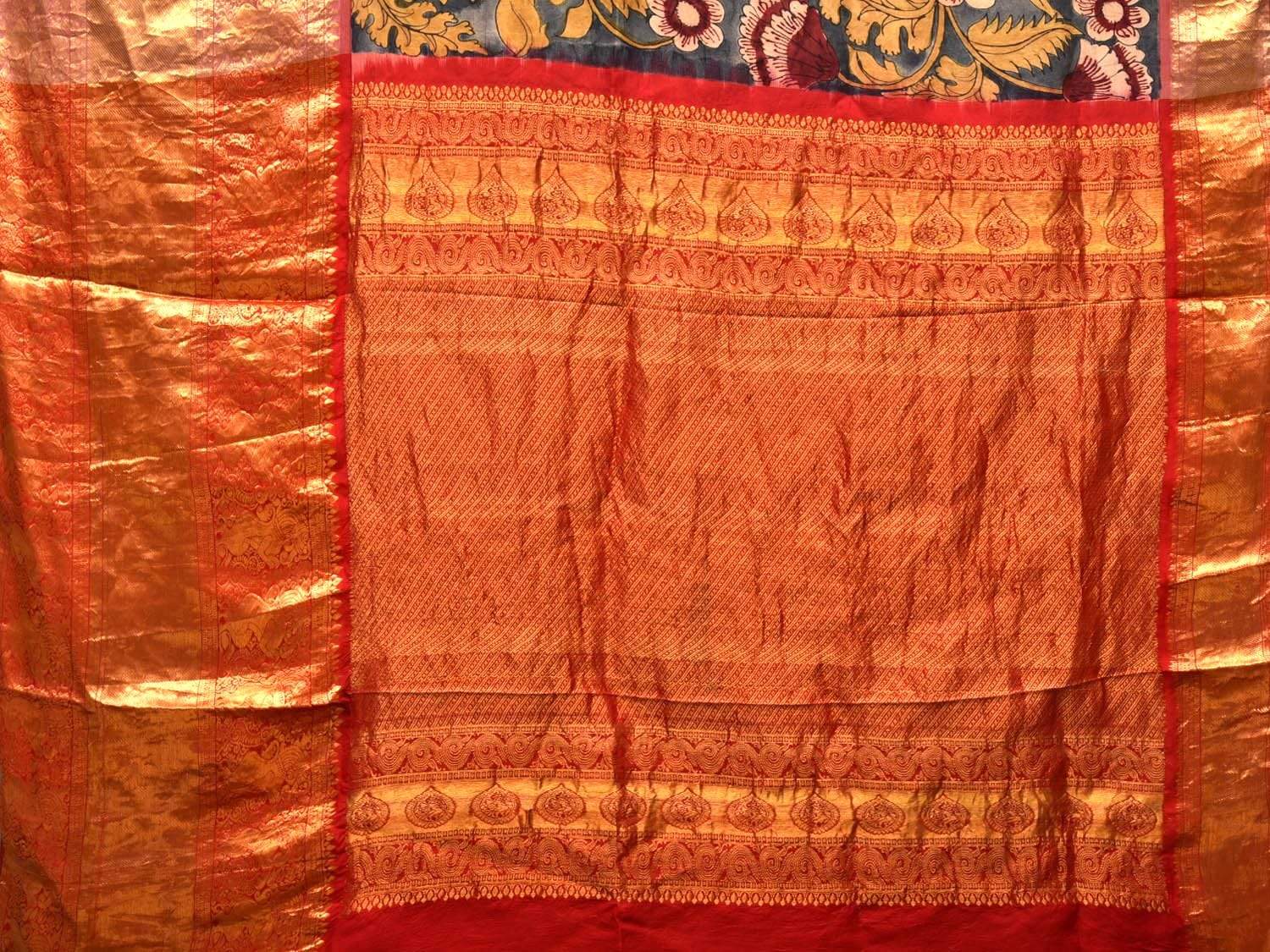 Blue Kalamkari Hand Painted Kanchipuram Silk Handloom Saree with Floral Design KL0439
