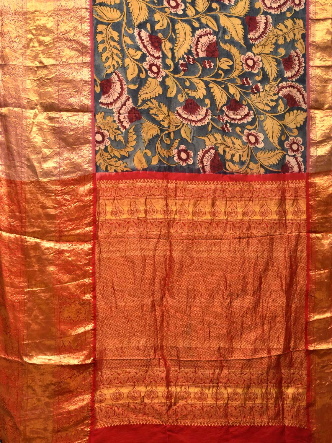 Blue Kalamkari Hand Painted Kanchipuram Silk Handloom Saree with Floral Design KL0439
