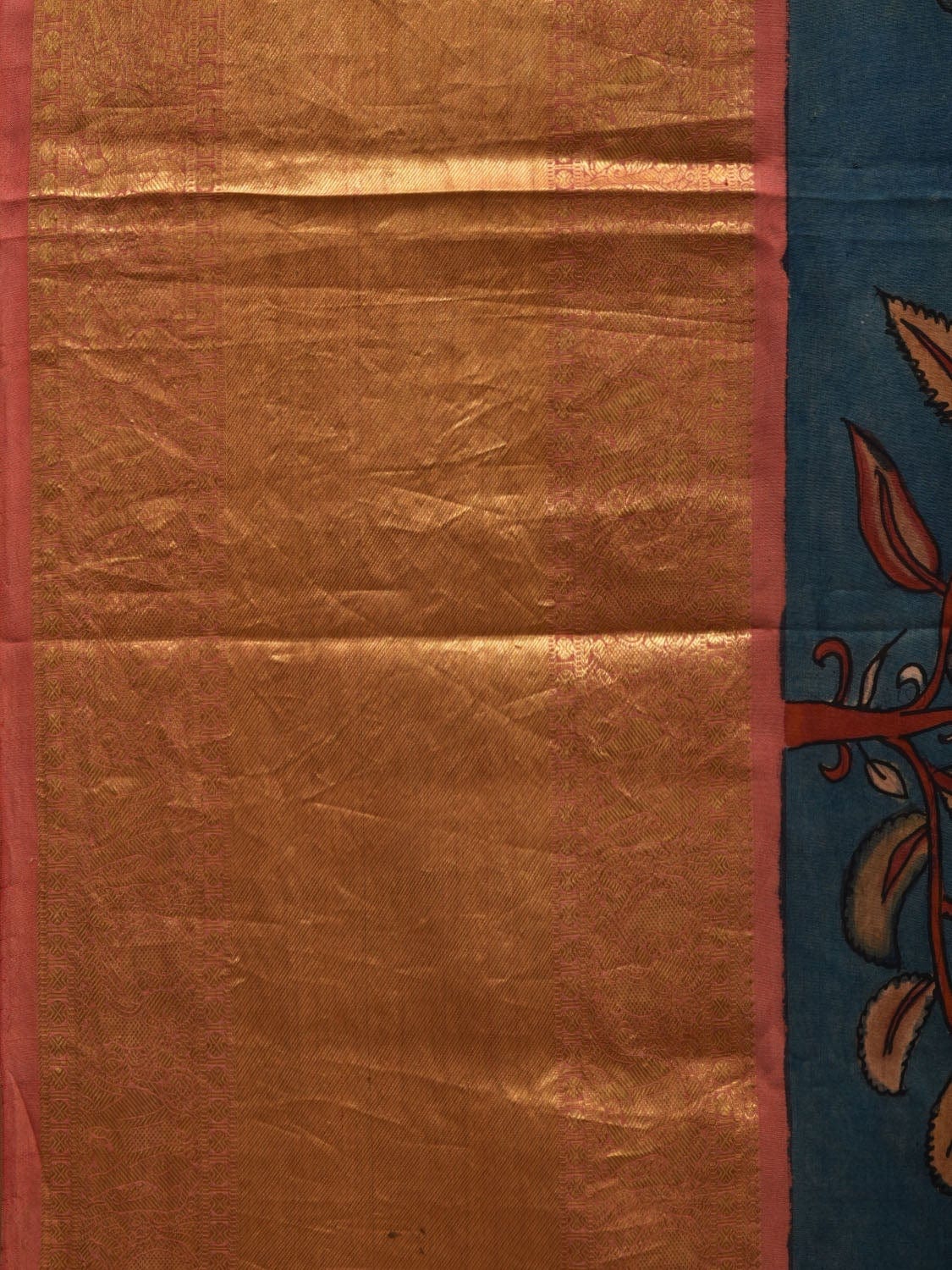 Blue Kalamkari Hand Painted Kanchipuram Silk Handloom Saree with Floral Design KL0580