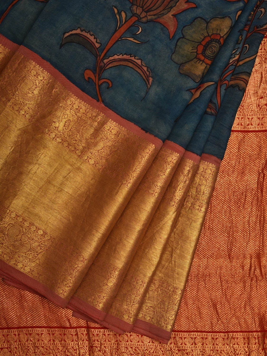 Blue Kalamkari Hand Painted Kanchipuram Silk Handloom Saree with Floral Design KL0580