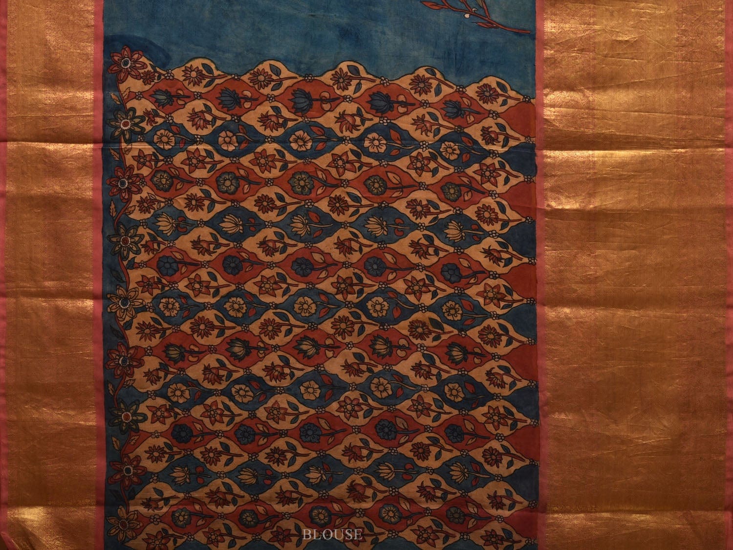 Blue Kalamkari Hand Painted Kanchipuram Silk Handloom Saree with Floral Design KL0580