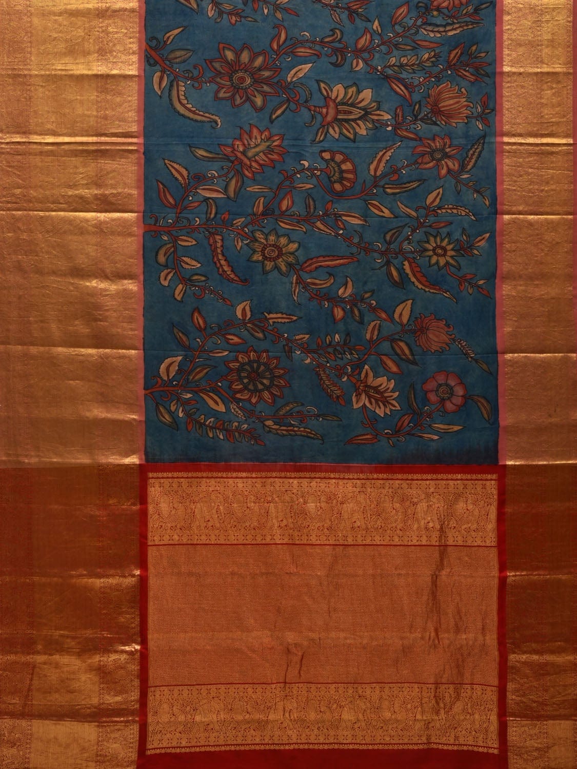 Blue Kalamkari Hand Painted Kanchipuram Silk Handloom Saree with Floral Design KL0580