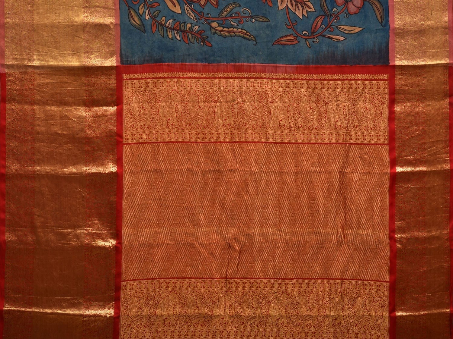 Blue Kalamkari Hand Painted Kanchipuram Silk Handloom Saree with Floral Design KL0580