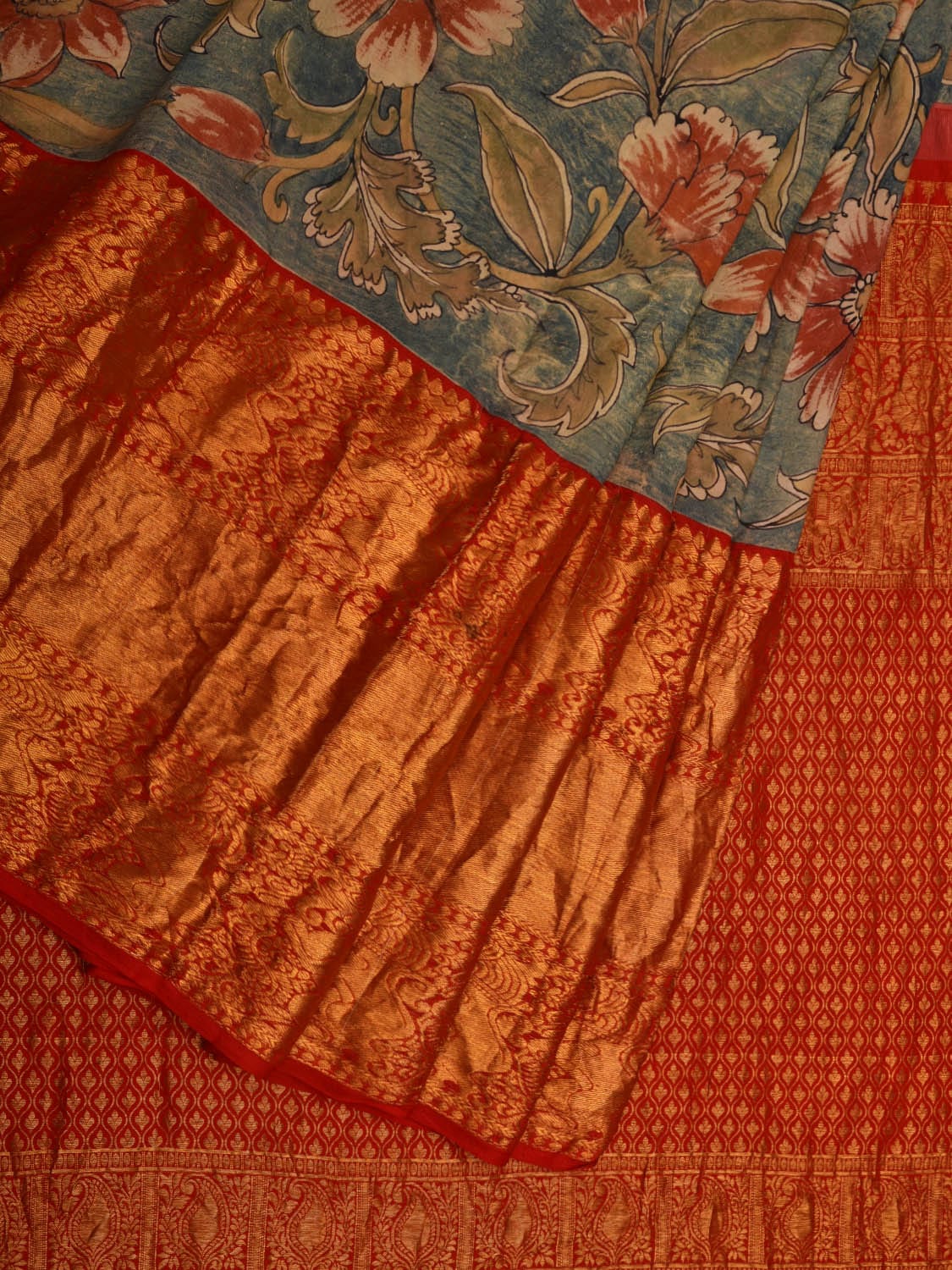 Blue Kalamkari Hand Painted Kanchipuram Silk Handloom Saree with Floral Design KL0695