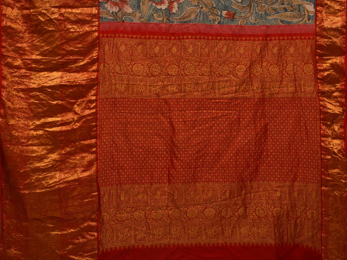 Blue Kalamkari Hand Painted Kanchipuram Silk Handloom Saree with Floral Design KL0695