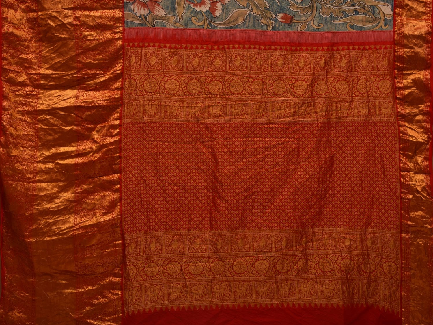 Blue Kalamkari Hand Painted Kanchipuram Silk Handloom Saree with Floral Design KL0695