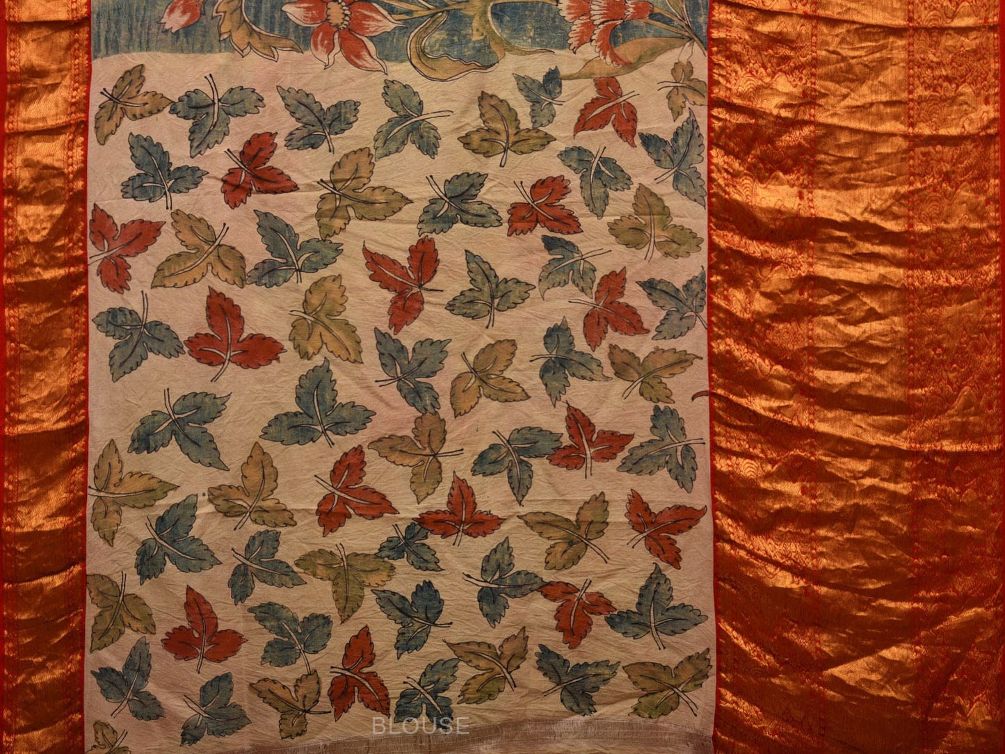 Blue Kalamkari Hand Painted Kanchipuram Silk Handloom Saree with Floral Design KL0695