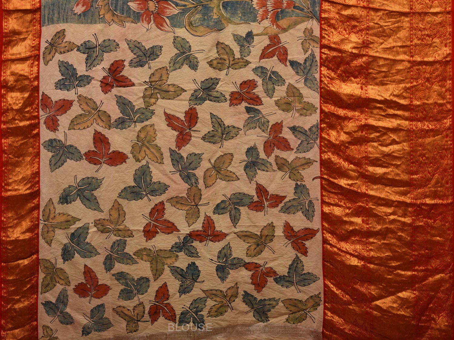 Blue Kalamkari Hand Painted Kanchipuram Silk Handloom Saree with Floral Design KL0695