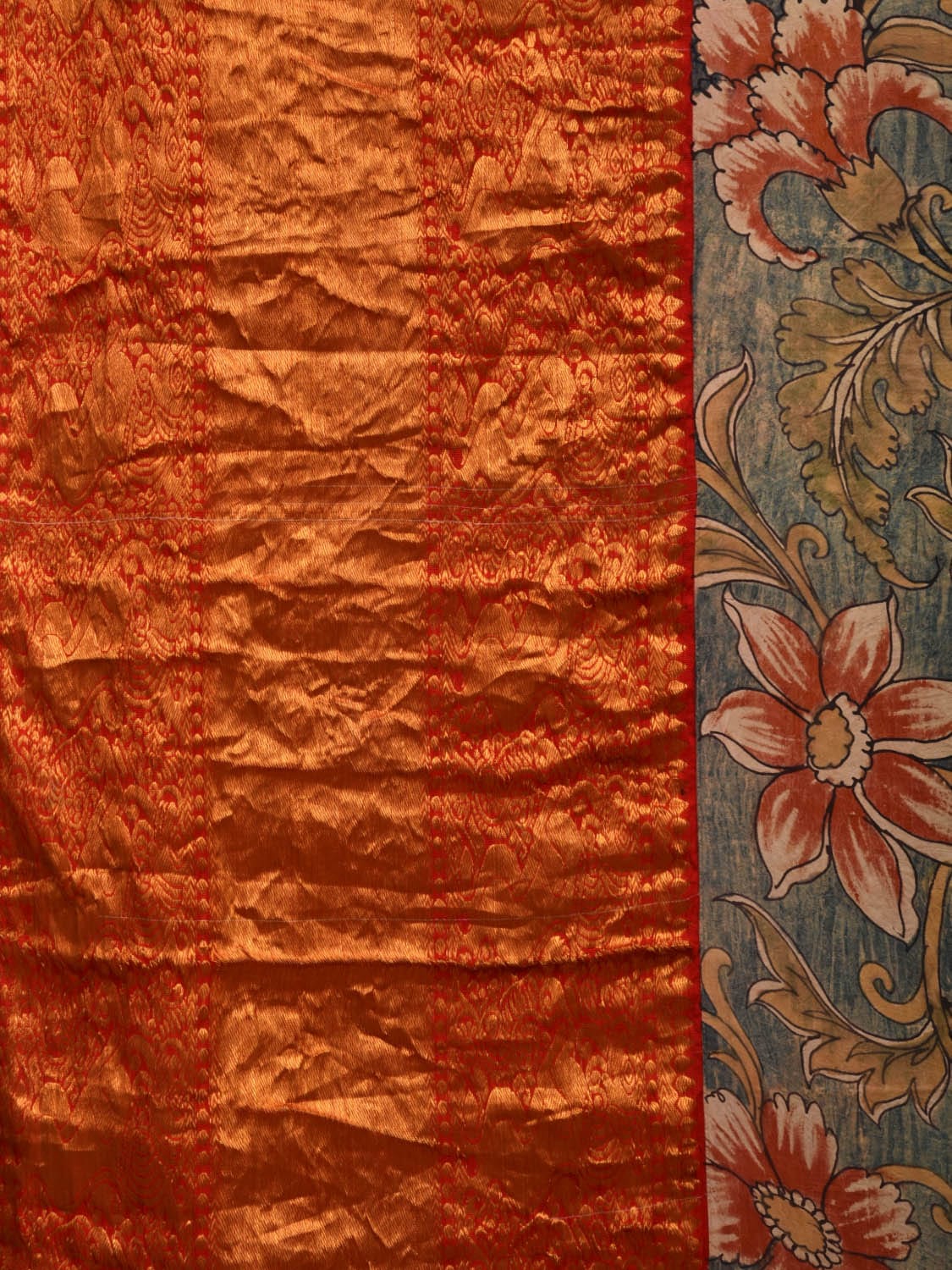 Blue Kalamkari Hand Painted Kanchipuram Silk Handloom Saree with Floral Design KL0695