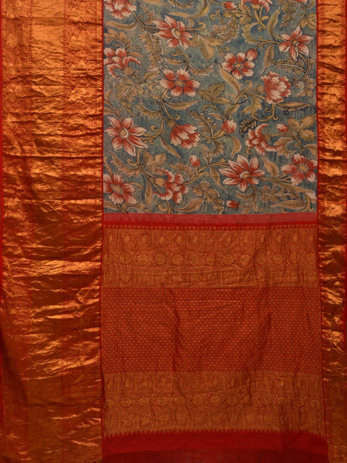 Blue Kalamkari Hand Painted Kanchipuram Silk Handloom Saree with Floral Design KL0695