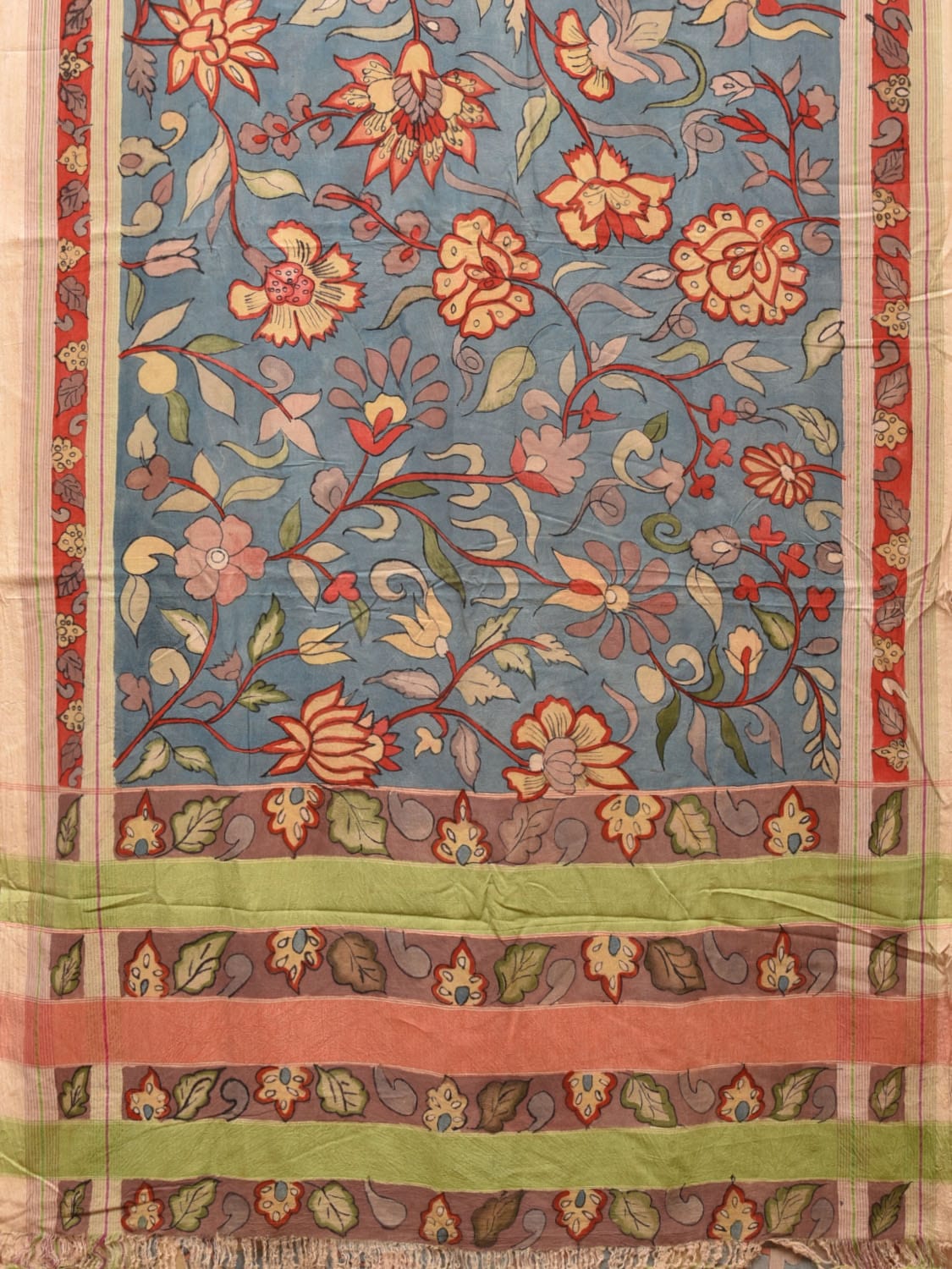 Blue Kalamkari Hand Painted Mangalgiri Cotton Handloom Saree with Floral Design KL0773