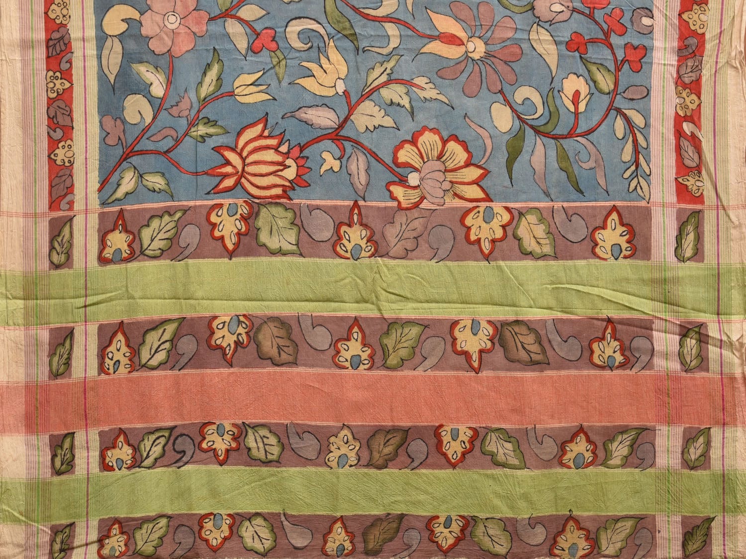 Blue Kalamkari Hand Painted Mangalgiri Cotton Handloom Saree with Floral Design KL0773