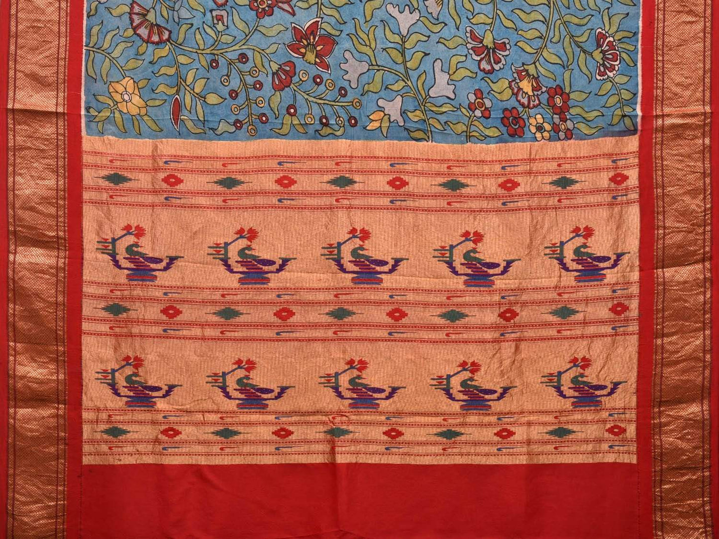 Blue Kalamkari Hand Painted Paithani Silk Handloom Saree with Floral and Pallu Design KL0476