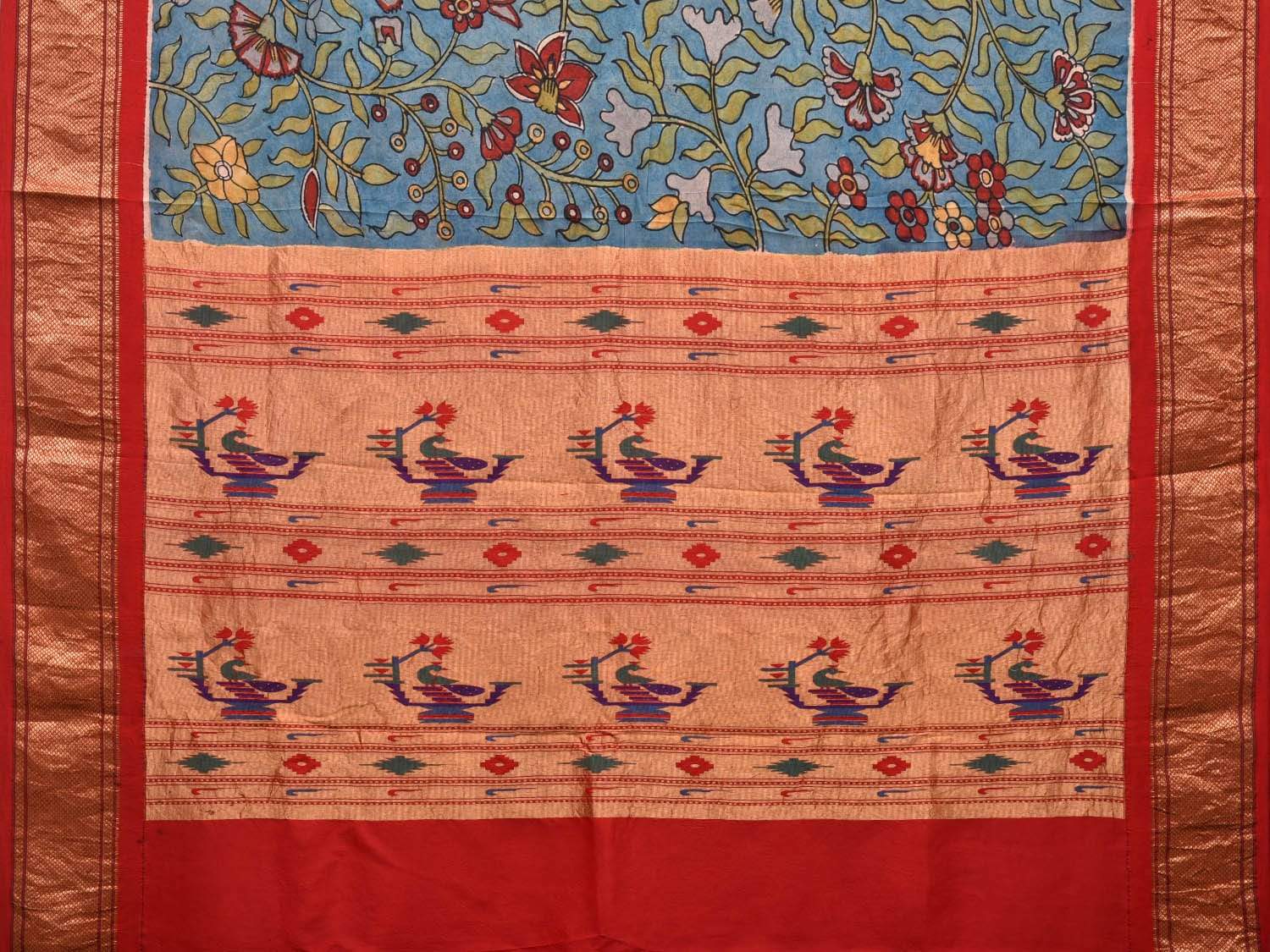 Blue Kalamkari Hand Painted Paithani Silk Handloom Saree with Floral and Pallu Design KL0476