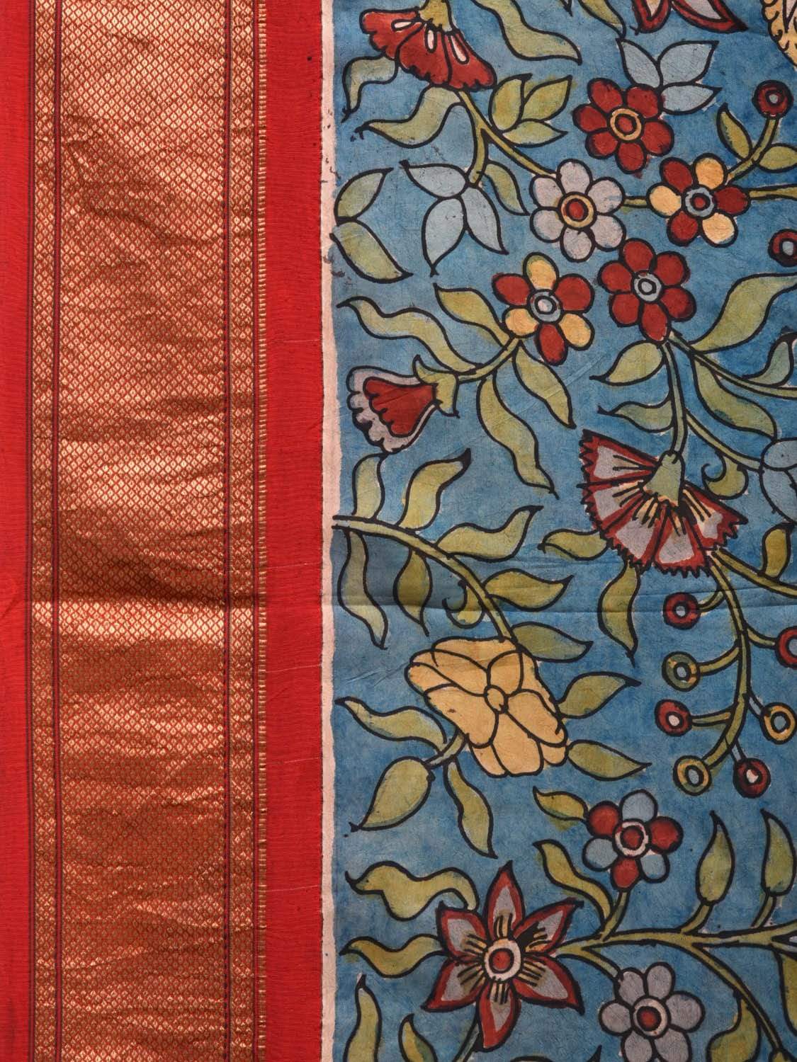 Blue Kalamkari Hand Painted Paithani Silk Handloom Saree with Floral and Pallu Design KL0476