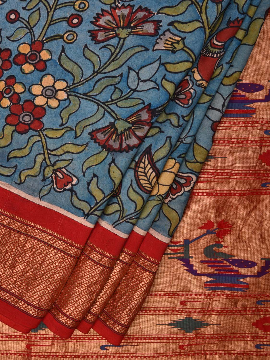 Blue Kalamkari Hand Painted Paithani Silk Handloom Saree with Floral and Pallu Design KL0476