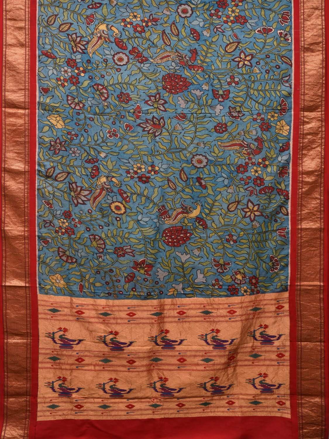 Blue Kalamkari Hand Painted Paithani Silk Handloom Saree with Floral and Pallu Design KL0476