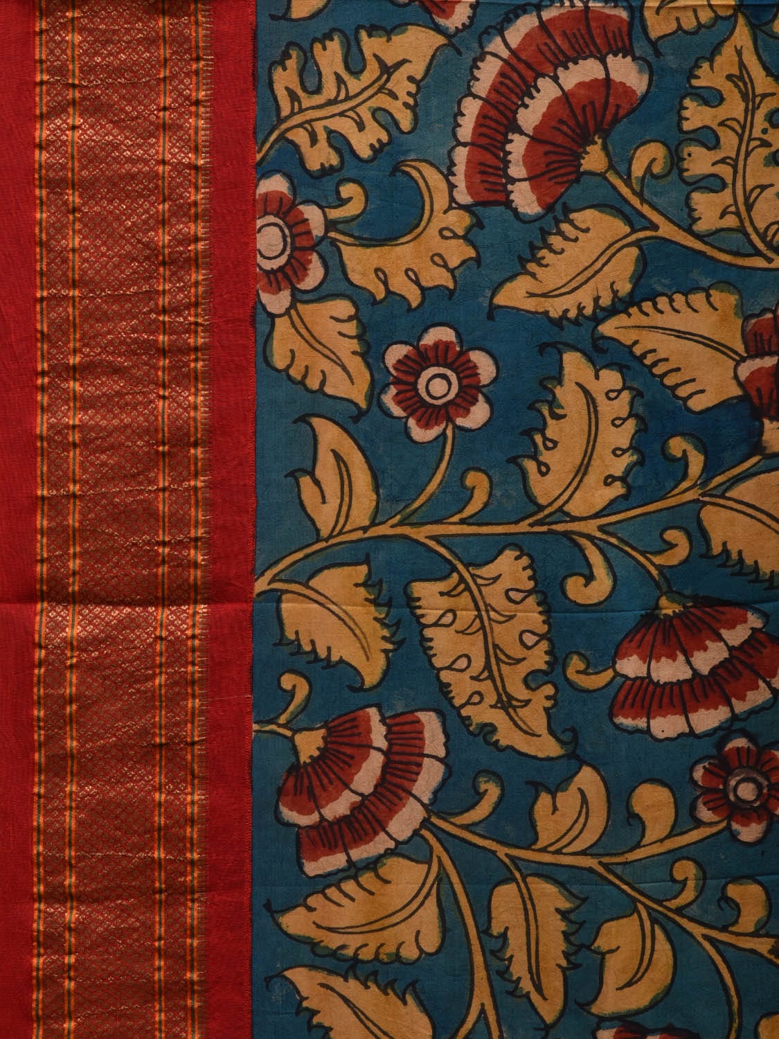 Blue Kalamkari Hand Painted Paithani Silk Handloom Saree with Floral Design KL0595