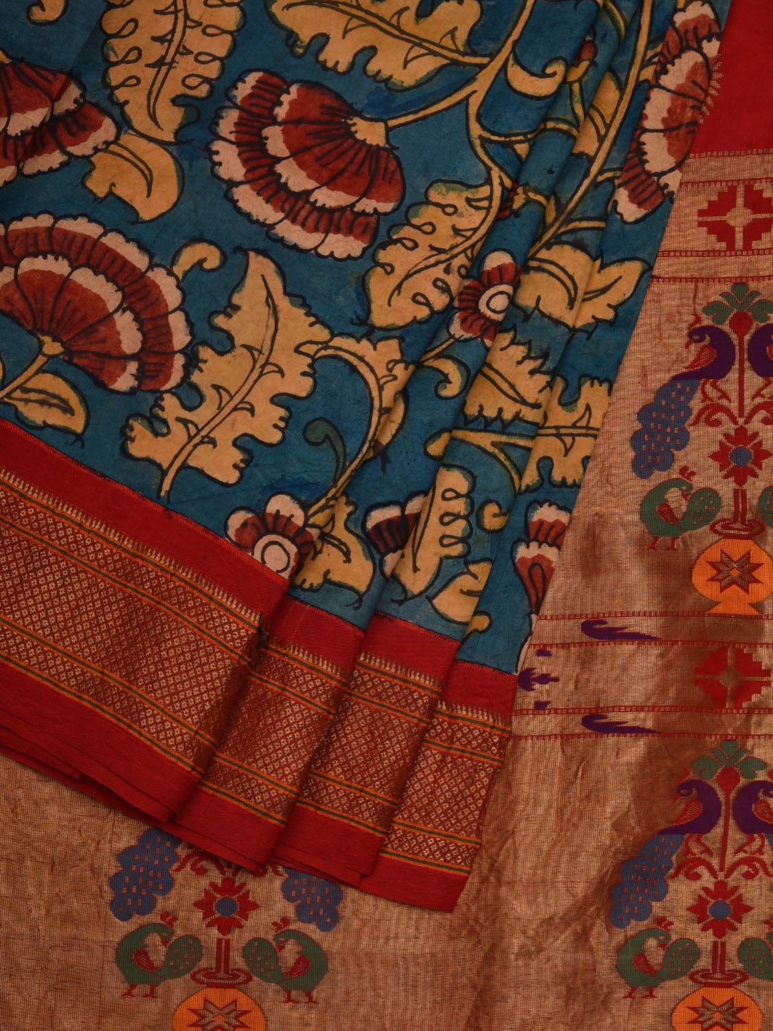 Blue Kalamkari Hand Painted Paithani Silk Handloom Saree with Floral Design KL0595