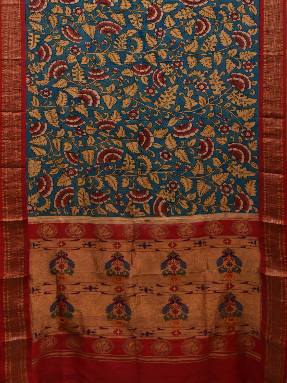 Blue Kalamkari Hand Painted Paithani Silk Handloom Saree with Floral Design KL0595