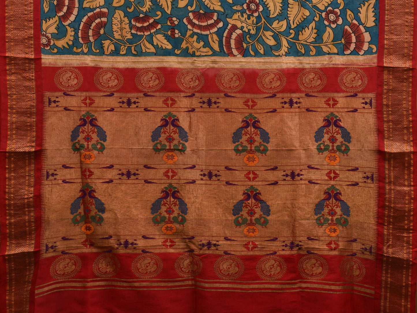 Blue Kalamkari Hand Painted Paithani Silk Handloom Saree with Floral Design KL0595