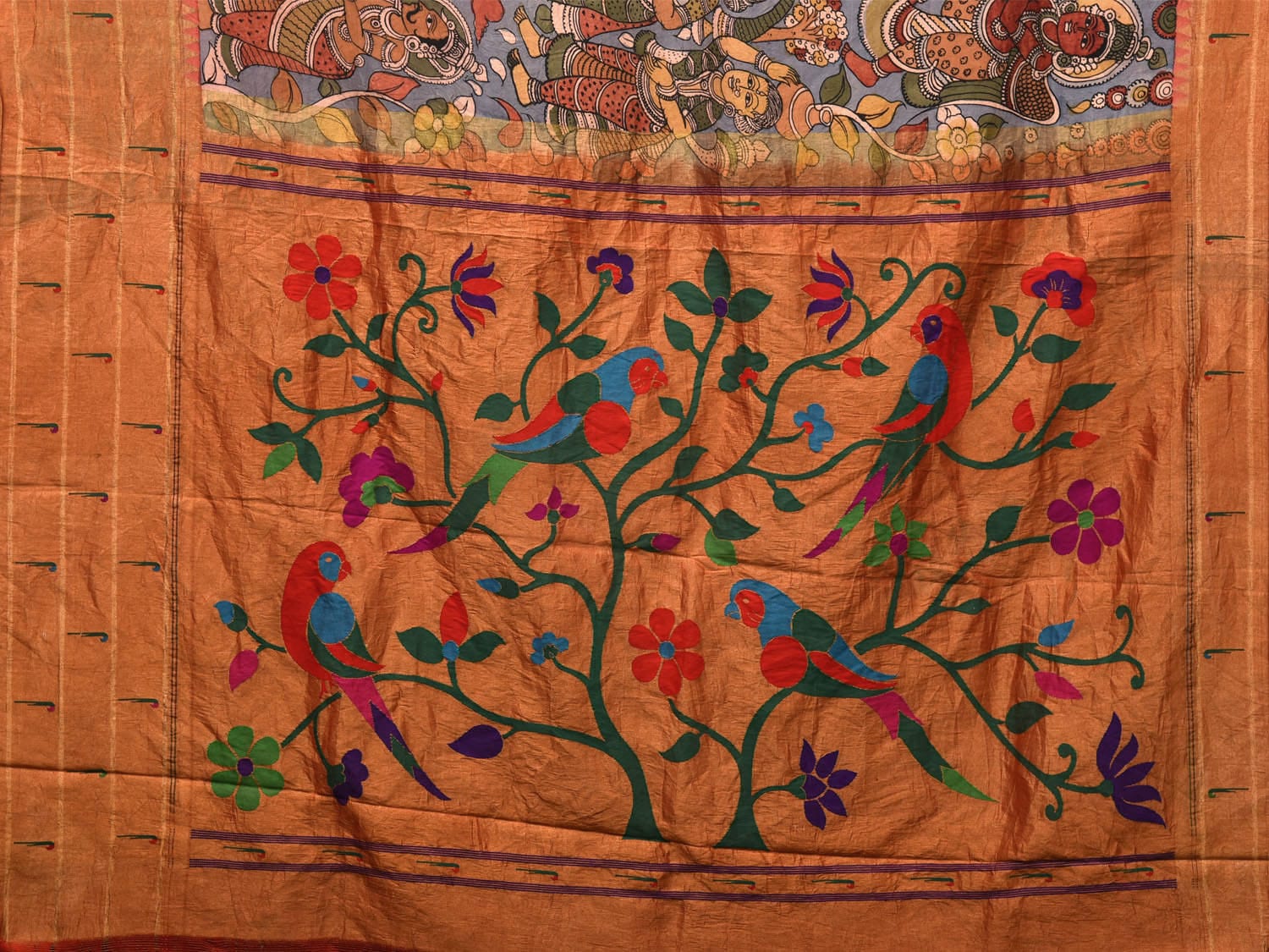 Blue Kalamkari Hand Painted Paithani Silk Handloom Saree with Krishna Leela and Muniya Border Design No Blouse KL0710