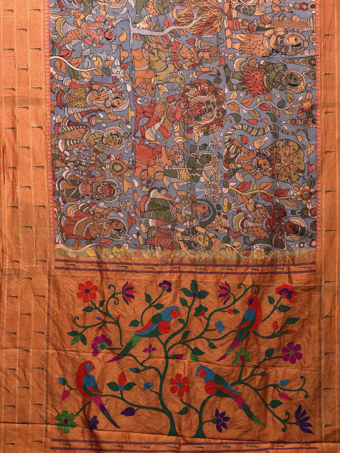 Blue Kalamkari Hand Painted Paithani Silk Handloom Saree with Krishna Leela and Muniya Border Design No Blouse KL0710