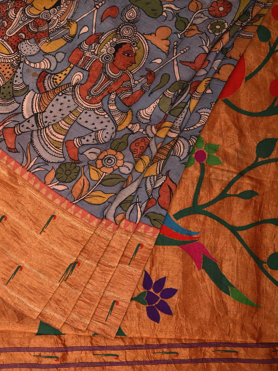 Blue Kalamkari Hand Painted Paithani Silk Handloom Saree with Krishna Leela and Muniya Border Design No Blouse KL0710
