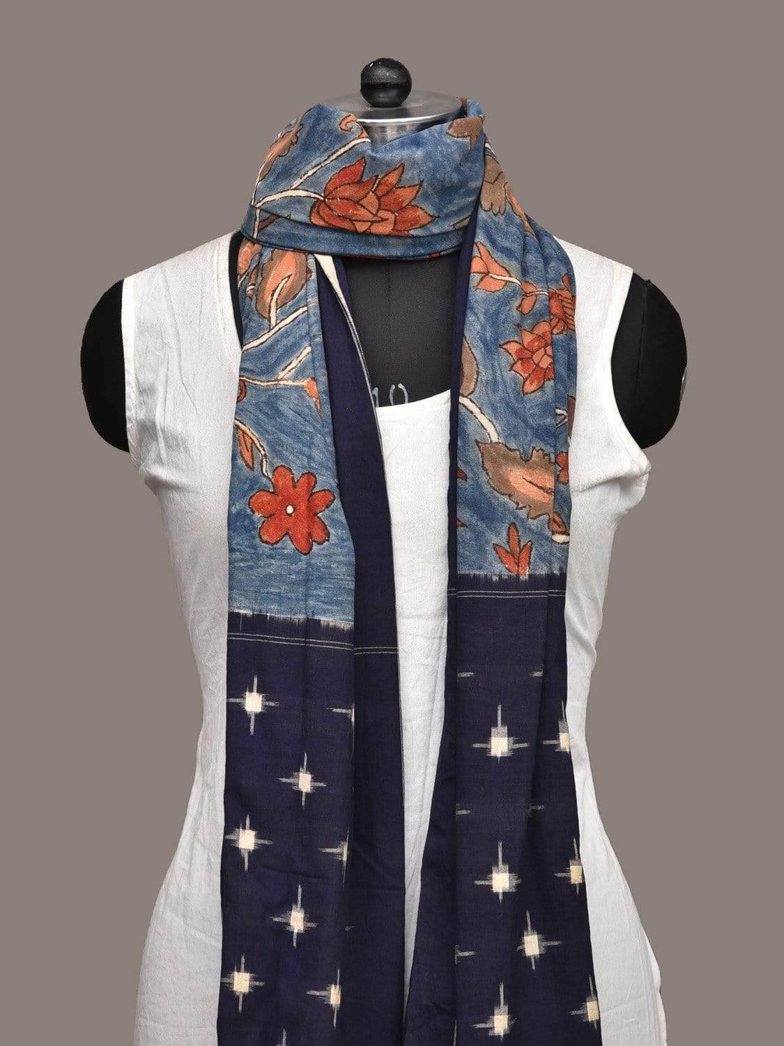 Blue Kalamkari Hand Painted Pochampally Ikat Cotton Handloom Dupatta with Floral Design ds2271