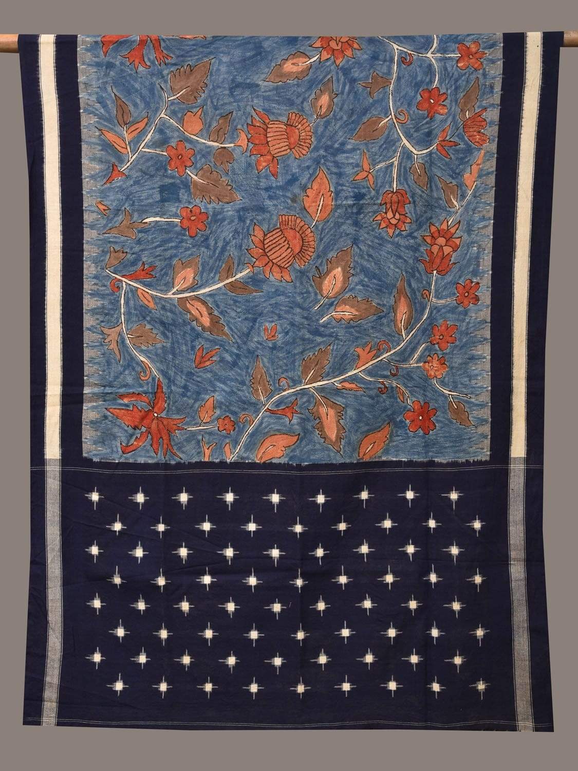 Blue Kalamkari Hand Painted Pochampally Ikat Cotton Handloom Dupatta with Floral Design ds2271