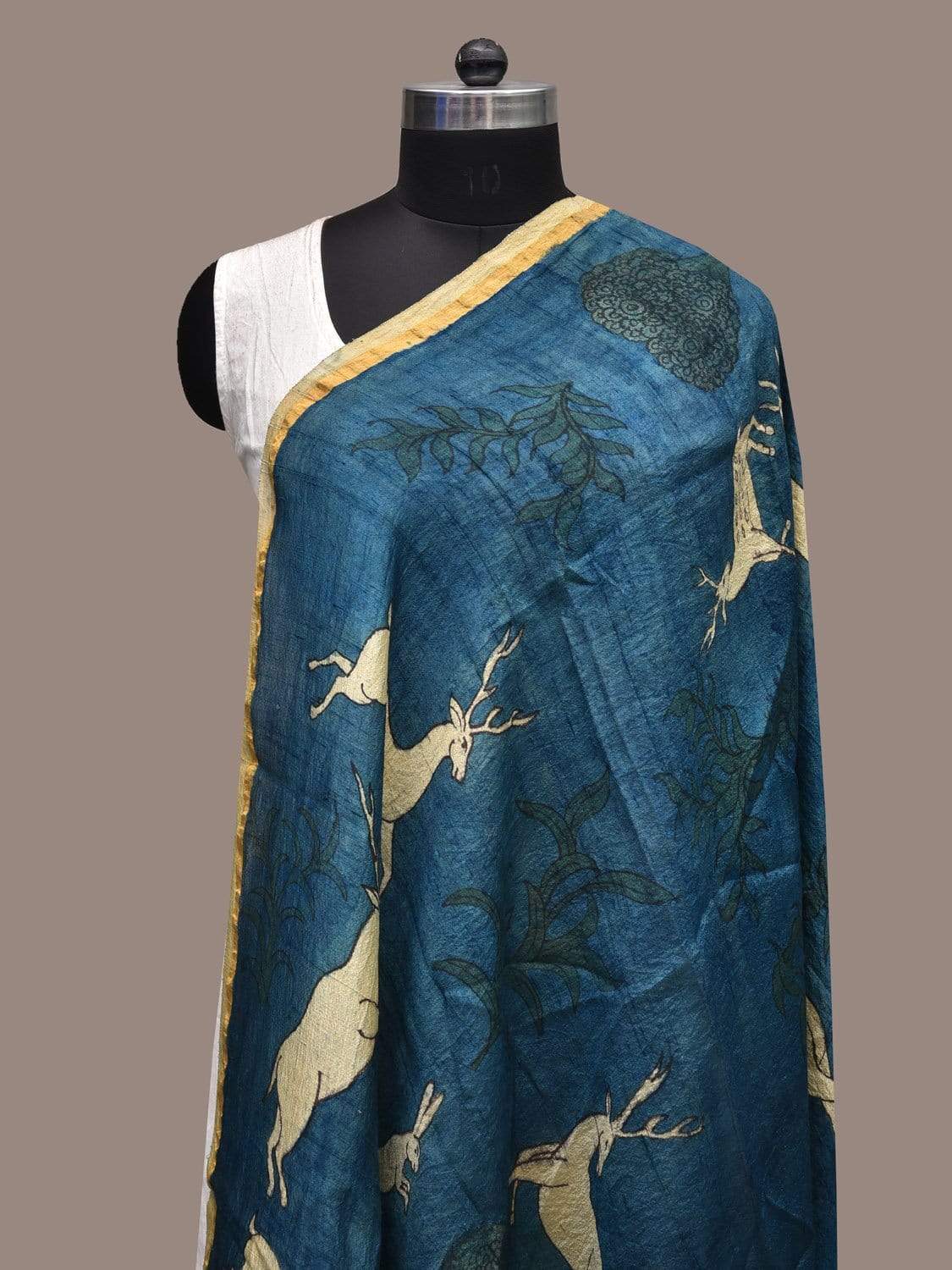 Blue Kalamkari Hand Painted Raw Silk Handloom Dupatta with Deers and Rabbits Design ds2273