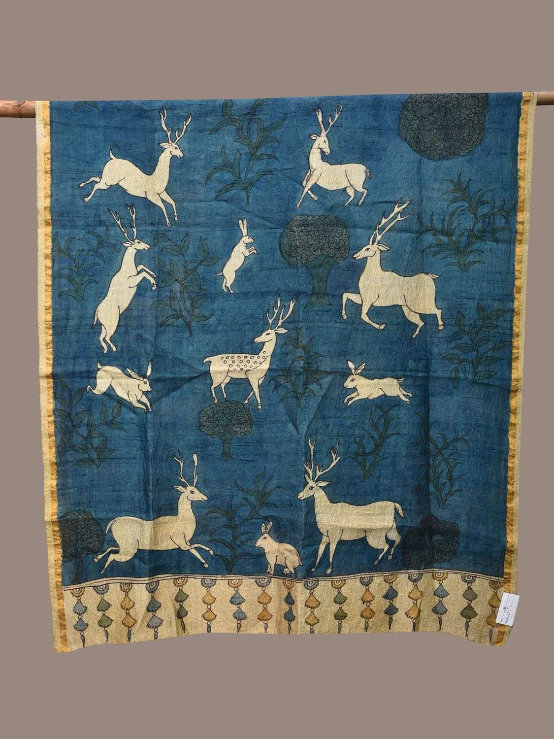 Blue Kalamkari Hand Painted Raw Silk Handloom Dupatta with Deers and Rabbits Design ds2273