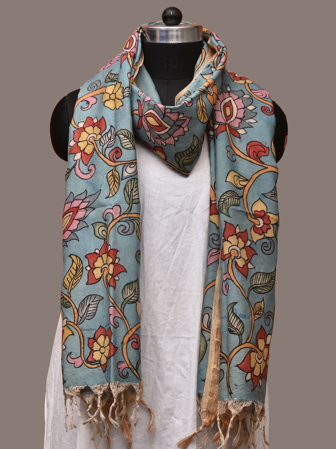 Blue Kalamkari Hand Painted Sico Dupatta with Floral Design ds3212